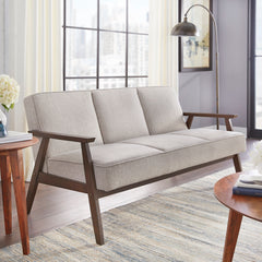 3-Seat Sofa, Gray Polyester, Solid Wood Frame, Dark Walnut Legs