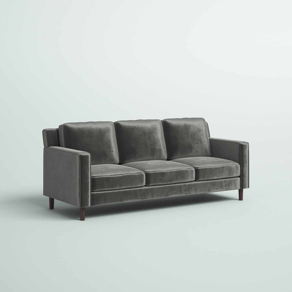 3-Seat Sofa, Gray Velvet Upholstery with Square Arms and Brown Legs