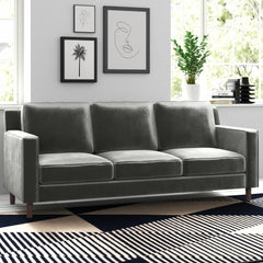 3-Seat Sofa, Gray Velvet Upholstery with Square Arms and Brown Legs
