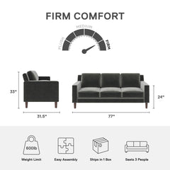 3-Seat Sofa, Gray Velvet Upholstery with Square Arms and Brown Legs