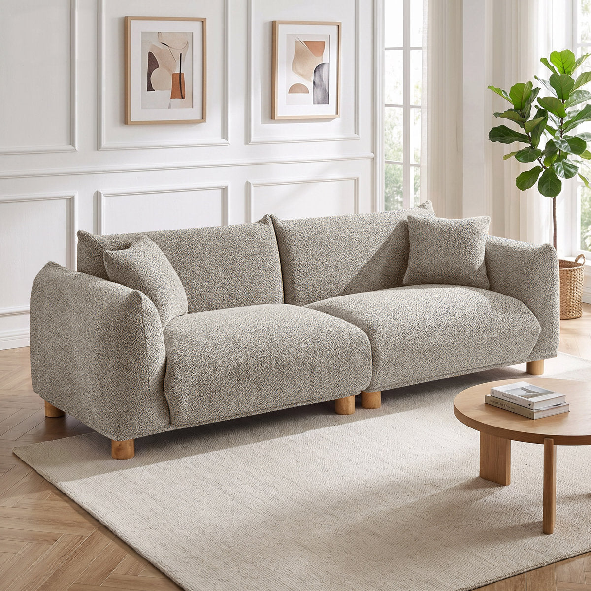 3-Seat Sofa in Camel Boucle with Natural Rubberwood Legs