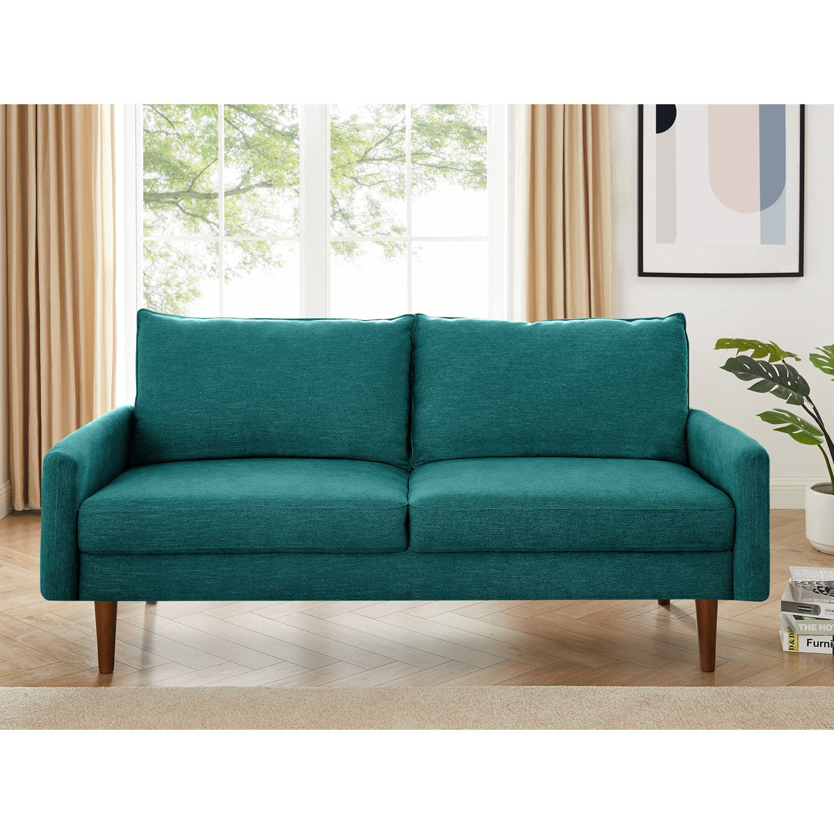 3-Seat Sofa, Square Arms, Solid Wood Frame, Brown Wood Legs