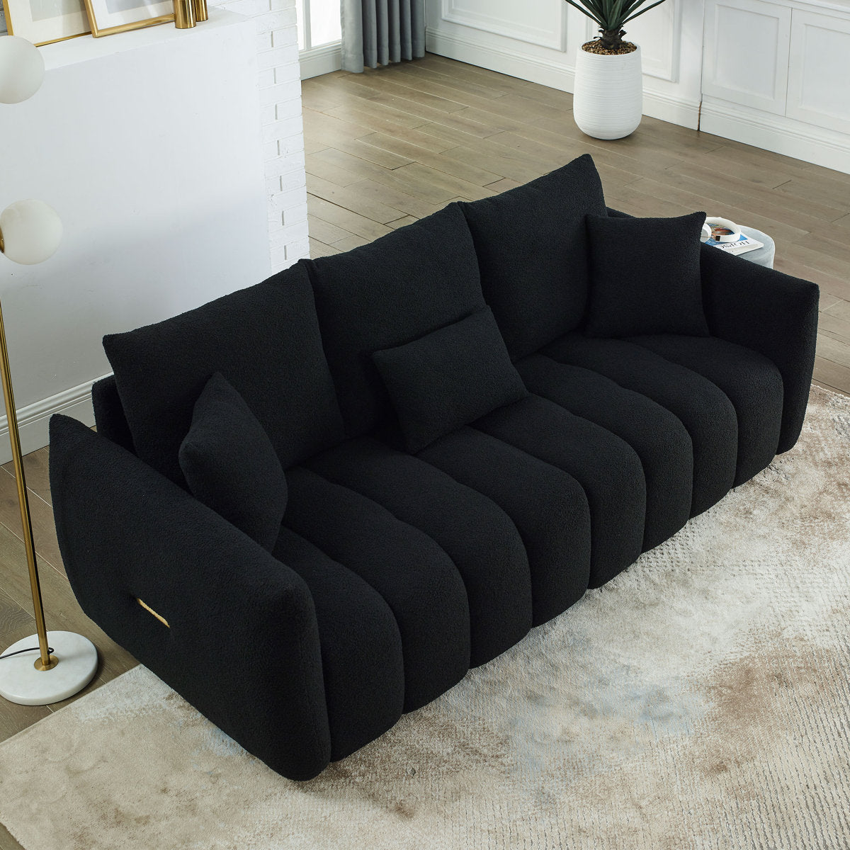 3-Seater Sofa, Black Teddy Fabric, Foam Cushions, Black Legs