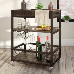 3-Tier Bar Cart in Black Metal with Brown Solid Wood Top