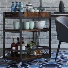 3-Tier Bar Cart in Black Metal with Brown Solid Wood Top