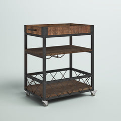 3-Tier Bar Cart in Black Metal with Brown Solid Wood Top