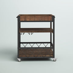 3-Tier Bar Cart in Black Metal with Brown Solid Wood Top