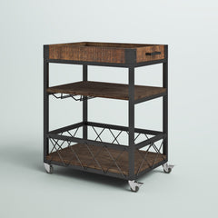 3-Tier Bar Cart in Black Metal with Brown Solid Wood Top