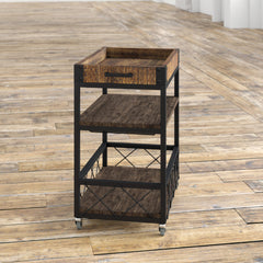 3-Tier Bar Cart in Black Metal with Brown Solid Wood Top