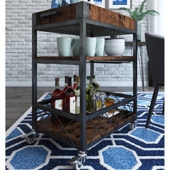 3-Tier Bar Cart in Black Metal with Brown Solid Wood Top