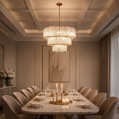 3-Tier Drum Chandelier, 8 Lights, Clear Glass with Gold Metal Frame