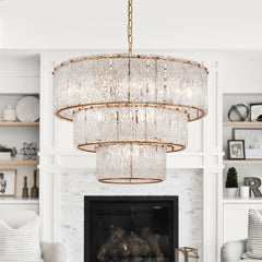 3-Tier Drum Chandelier, 8 Lights, Clear Glass with Gold Metal Frame