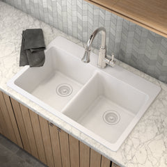 Host 33-Inch Wide x 9.5-Inch Deep Dual Mount Granite Double Bowl Kitchen Sink in White | product photo