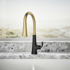 Tone™ Touchless Pull-Down Kitchen Sink Faucet with Voice Activation and Three-Function Sprayhead in Matte Black/Brass | product photo