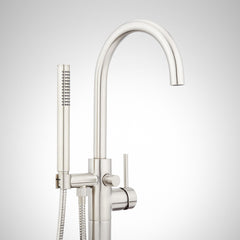 Lexia Floor Mounted Tub Filler Faucet with Hand Shower and Valve in Brushed Nickel | detail photo