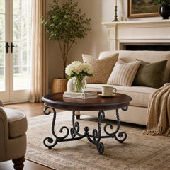 35-Inch Round Coffee Table, Dark Cherry Top with Black Iron Base