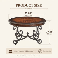 35-Inch Round Coffee Table, Dark Cherry Top with Black Iron Base