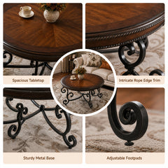 35-Inch Round Coffee Table, Dark Cherry Top with Black Iron Base