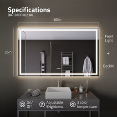 36-in. x 60-in. Frameless LED Bathroom Mirror with Defogger