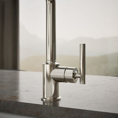 Kohler Purist Two-Hole Kitchen Sink Faucet with 8" Spout and Matching Finish Sidespray in Vibrant Polished Nickel | detail photo