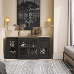 4-Door Sideboard in Manufactured Wood, Black and Knotty Oak