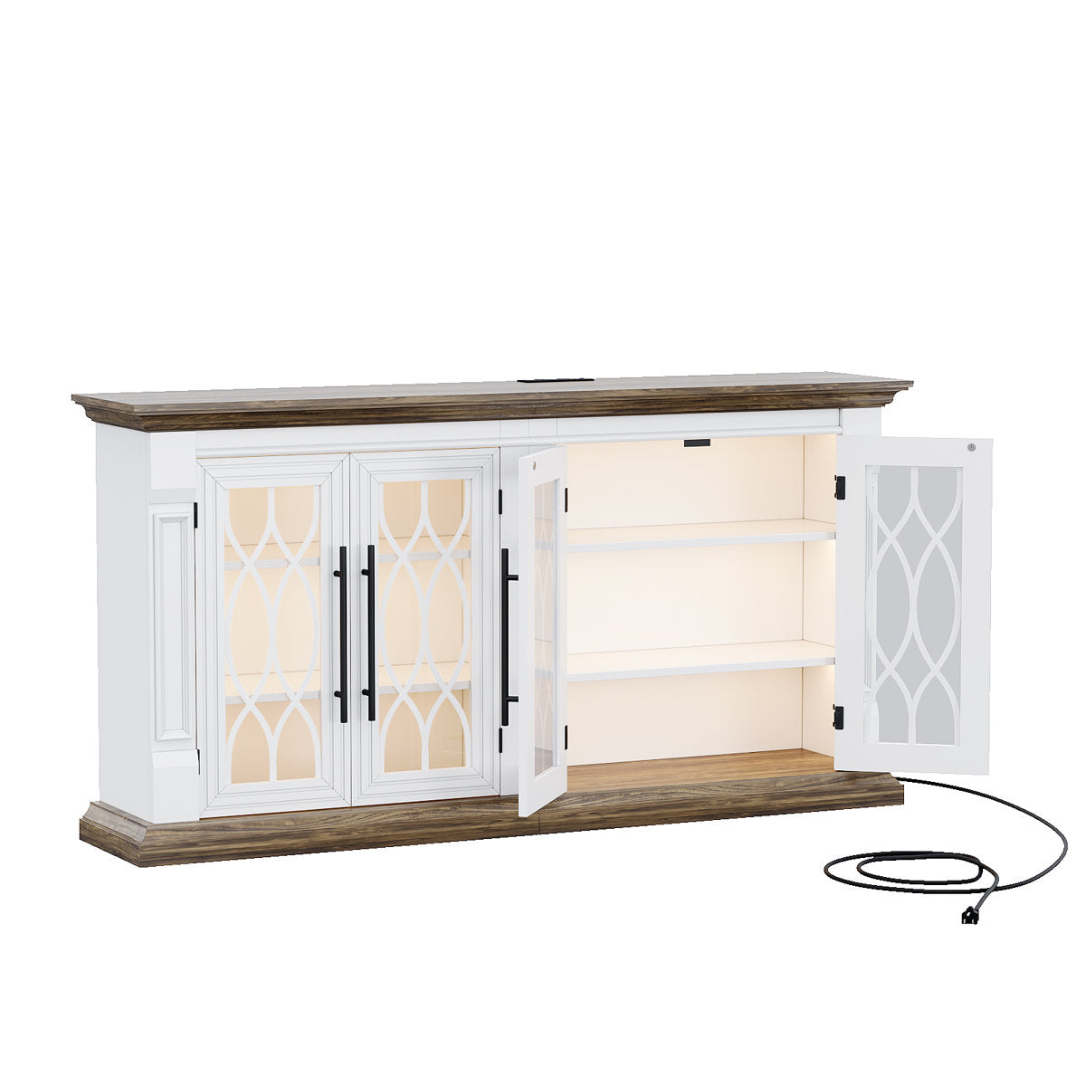 4-Door Sideboard with LED Lighting and Charging Ports in White and Brown