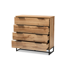 4-Drawer Dresser, Manufactured Wood, Brown Oak Finish, Black Metal Handles