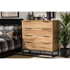 4-Drawer Dresser, Manufactured Wood, Brown Oak Finish, Black Metal Handles