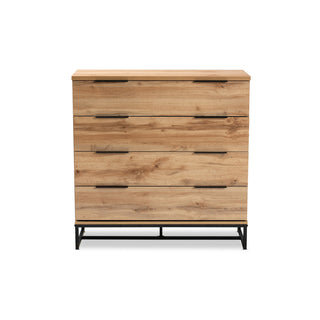 4-Drawer Dresser, Manufactured Wood, Brown Oak Finish, Black Metal Handles