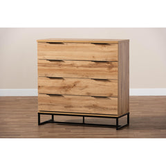4-Drawer Dresser, Manufactured Wood, Brown Oak Finish, Black Metal Handles
