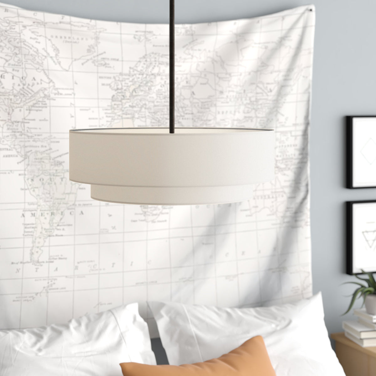 4-Light Pendant Light, Matte Black Steel with White Drum Shade