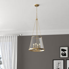 4-Light Pendant with Seeded Glass Shade in Rubbed Brass