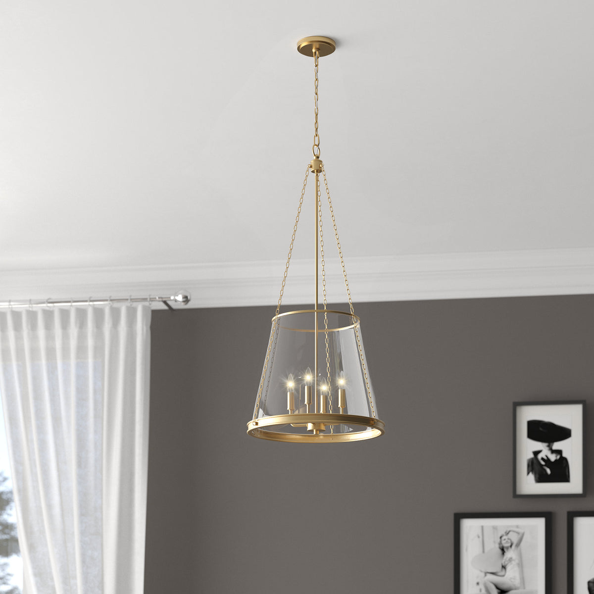 4-Light Pendant with Seeded Glass Shade in Rubbed Brass