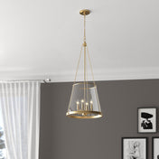 4-Light Pendant with Seeded Glass Shade in Rubbed Brass