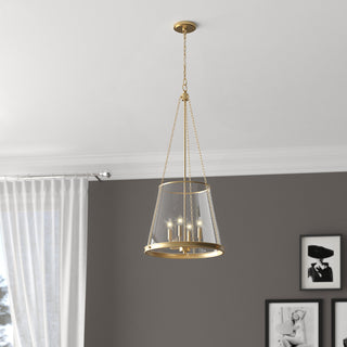4-Light Pendant with Seeded Glass Shade in Rubbed Brass