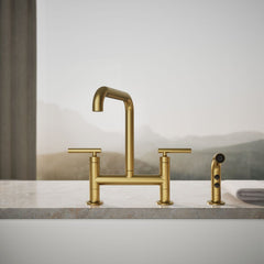 Kohler Purist Two Handle Deck-Mounted Bridge Kitchen Sink Faucet with Side Spray in Vibrant Brushed Moderne Brass | product photo