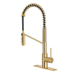 Oletto Commercial Style Single Handle Pull Down Kitchen Faucet with QuickDock Top Mount Installation Assembly in Brushed Brass | product photo