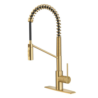 Oletto Commercial Style Single Handle Pull Down Kitchen Faucet with QuickDock Top Mount Installation Assembly in Brushed Brass