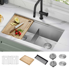 Kore™ Workstation 33-inch L Undermount 16 Gauge Stainless Steel Kitchen Sink with Accessories in Satin | product photo