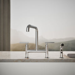 Kohler Purist Two Handle Deck-Mounted Bridge Kitchen Sink Faucet with Pull Out Side Sprayer in Polished Chrome | product photo