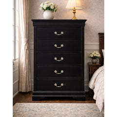 5-Drawer Chest in Black Okume Veneer with Antique Brass Tone Handles