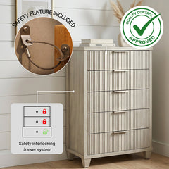 5-Drawer Chest in Solid Wood and MDF with Fluted Fronts