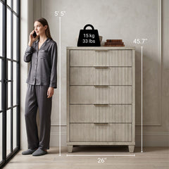 5-Drawer Chest in Solid Wood and MDF with Fluted Fronts