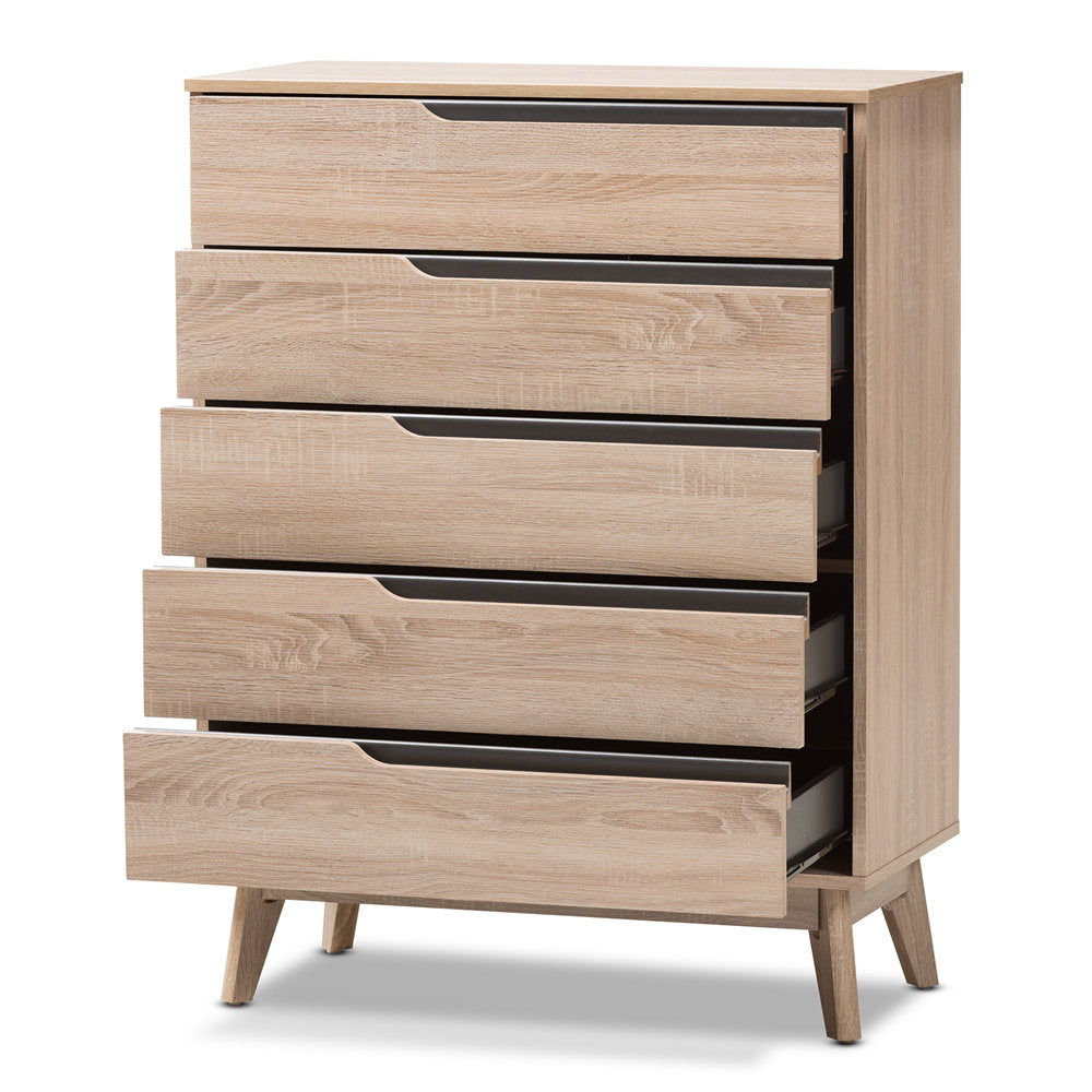 5-Drawer Chest, Manufactured Wood, Light Ash Finish, Flared Legs