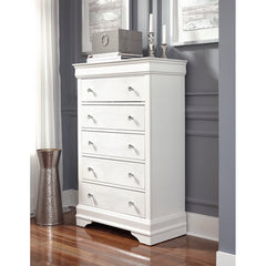 5-Drawer Chest, Solid and Manufactured Wood, White, Metal Handles