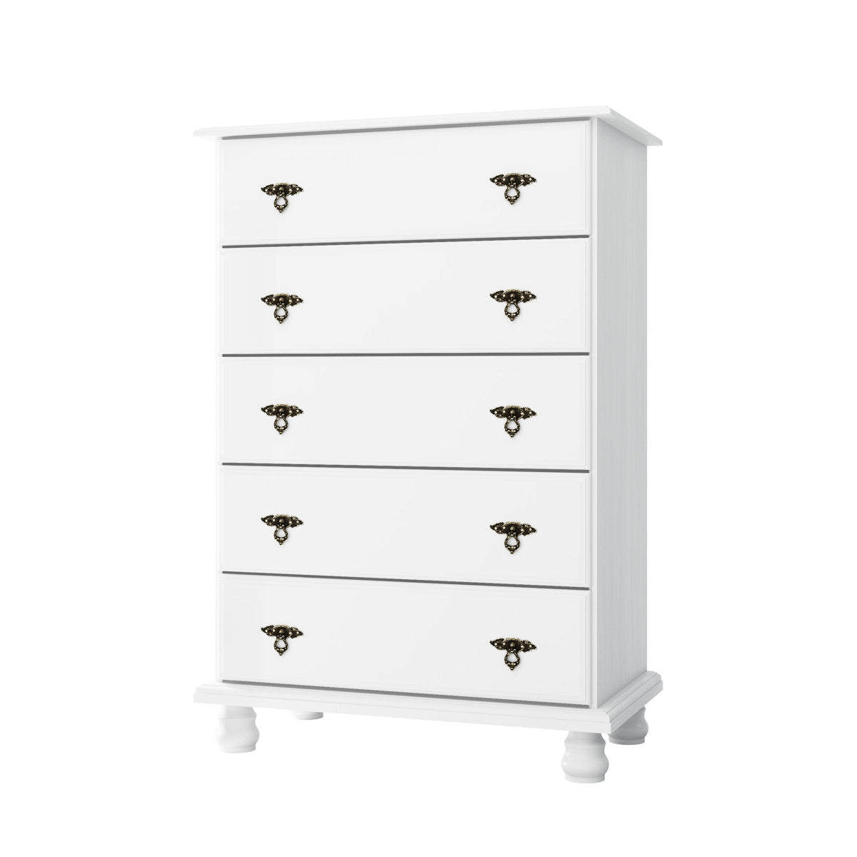 5-Drawer Chest, Solid Pine Wood, White, Carved Edges, Bun Feet