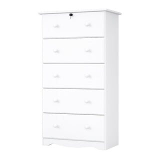 5-Drawer Chest, Solid Pine Wood, White, Scalloped Edges