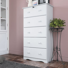 5-Drawer Chest, Solid Pine Wood, White, Scalloped Edges