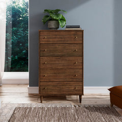 5-Drawer Chest, Solid Wood Frame with Tapered Legs, Brushed Walnut