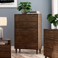 5-Drawer Chest, Solid Wood Frame with Tapered Legs, Brushed Walnut